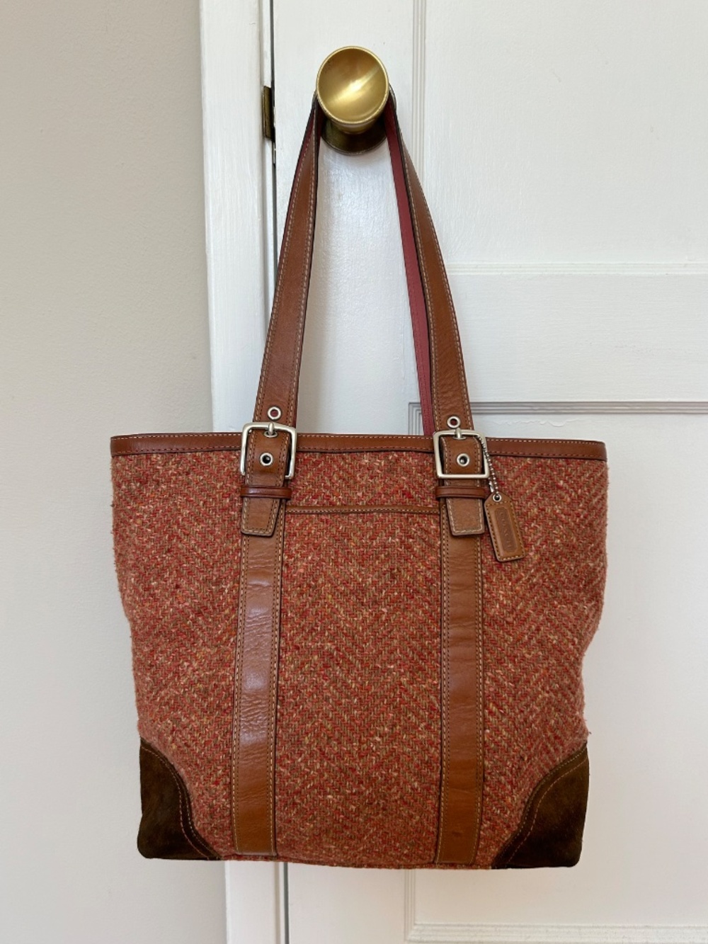 COACH Pink Tweed Tote Bag Purse Brown Suede Leather Trim